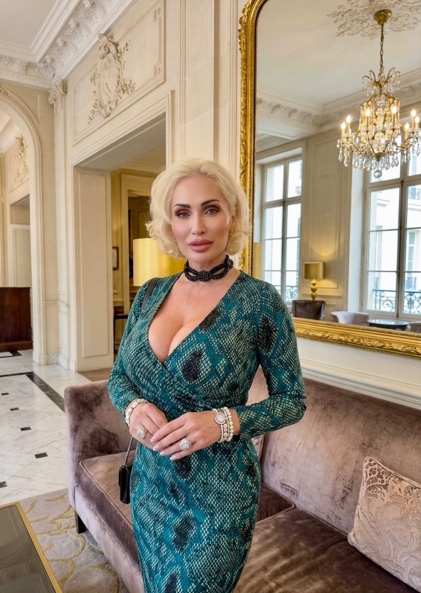 Yanita in a teal and black dress in an opulent interior